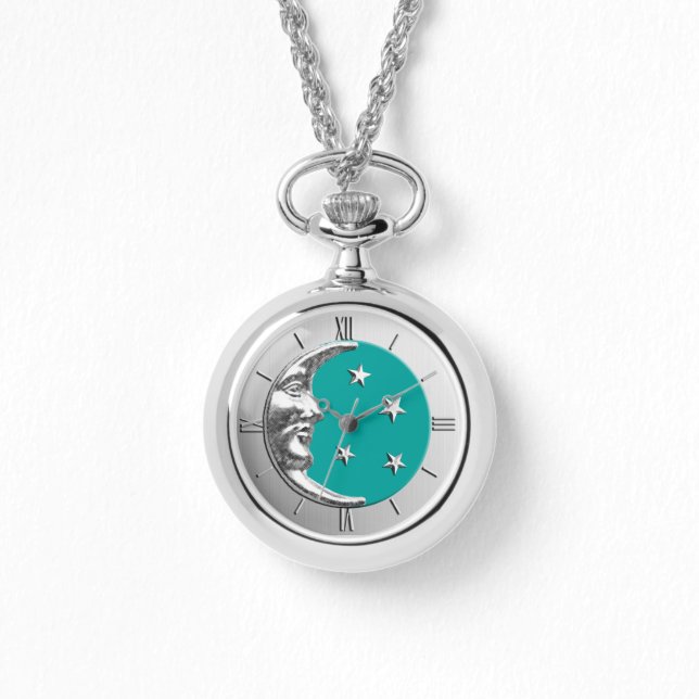 Art Deco Moon and Stars - Türkis & Silber Armbanduhr (Vorderseite)