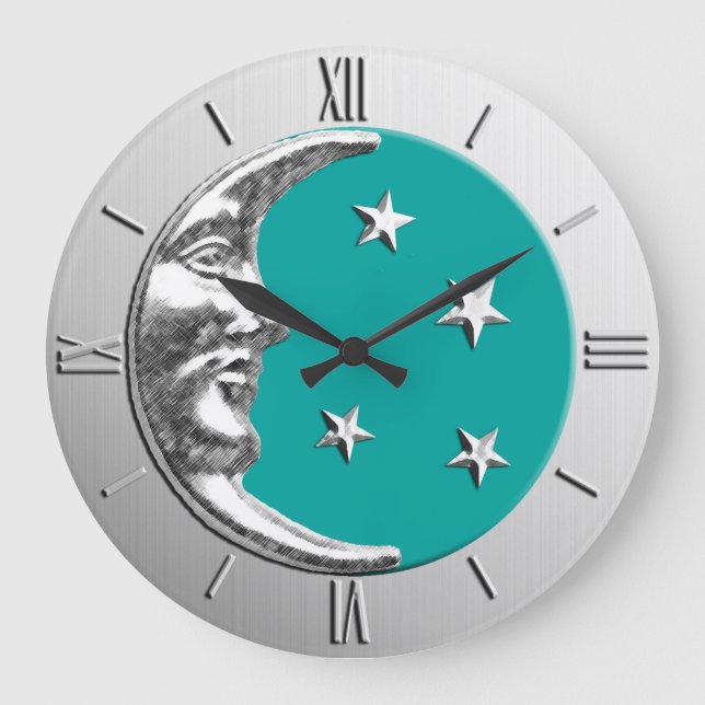 Art Deco Moon and Stars - Türkis & Silber Große Wanduhr (Vorderseite)