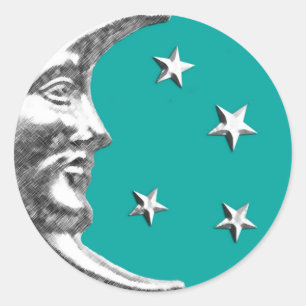 Art Deco Moon and Stars - Türkis & Silber Runder Aufkleber