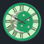 Art Deco Moon Face - Jade Green und Silver Große Wanduhr<br><div class="desc">Klassische Art Deco Moon und Sterne Design in gebürstetem Silber mit Emaille-Look,  Jade grüner Hintergrund</div>