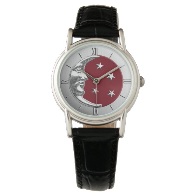 Art Deco Moon Moon and Stars - Dunkelrot und Silbe Armbanduhr (Vorderseite)