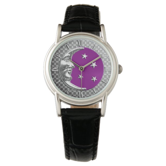 Art Deco Moon und Stars - Amethyst Lila & Silver Armbanduhr (Vorderseite)