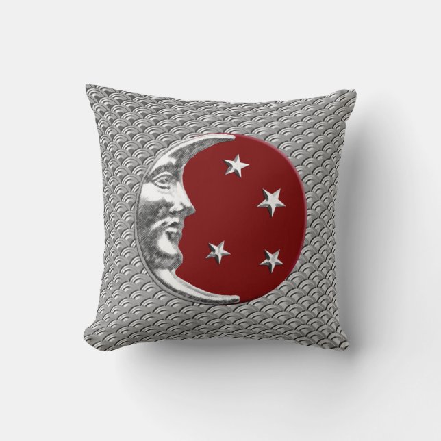 Art Deco Moon und Sterne - Dunkelrot und Silber Kissen (Vorderseite)