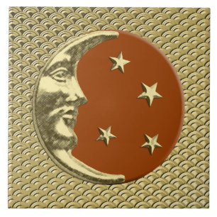 Art Deco Moon und Sterne - Rost Brown und Gold Fliese