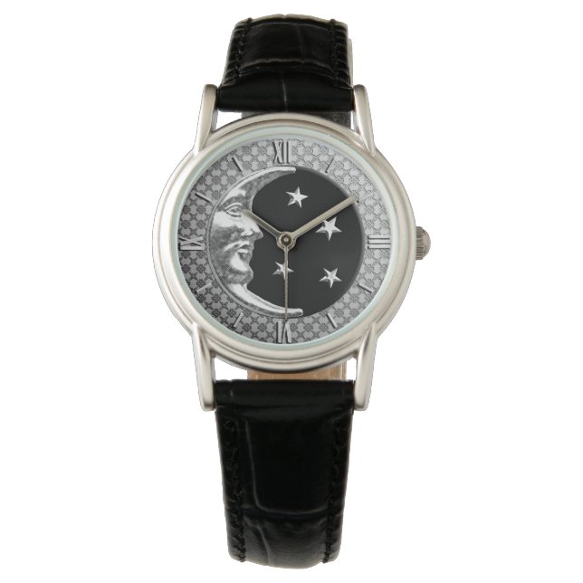 Art Deco Moon und Sterne - Schwarz und Silber Armbanduhr (Vorderseite)