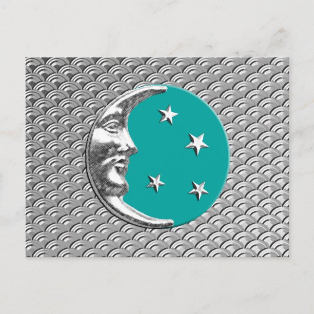 Art Deco Moon und Sterne - Türkis & Silber Postkarte (Vorderseite)