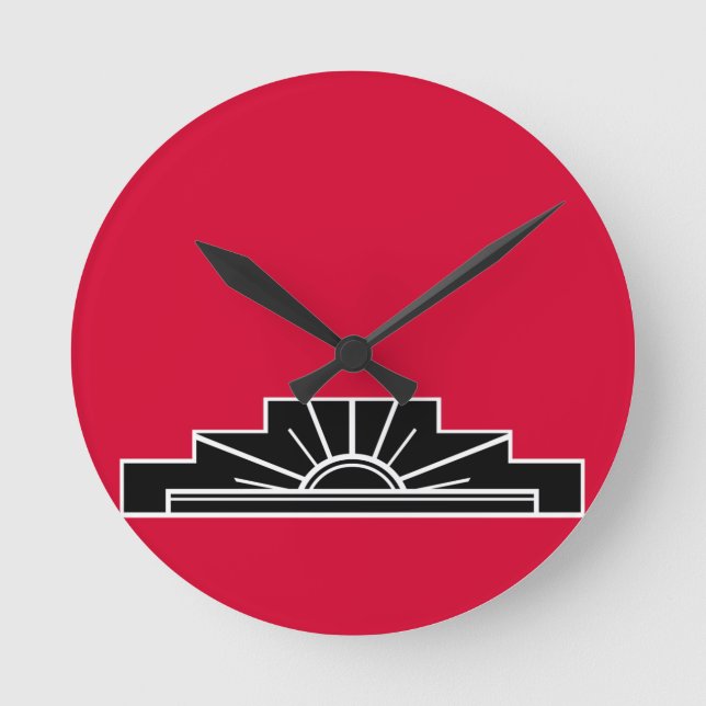 Art Deco Motif in B&W und Rot Runde Wanduhr (Vorderseite)