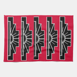 Art Deco Motiv in Schwarzweiß und Rotem Teetuch Geschirrtuch
