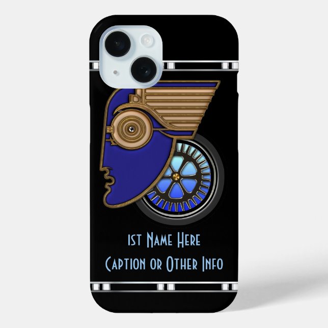 Art-Deco-Motorkopf - Personalisiert iPhone 15 Hülle (Rückseite)
