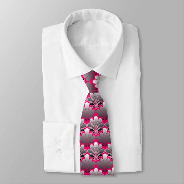 Art Deco Muschel Muster, grau und Fuchsia Pink Krawatte (Gebunden)
