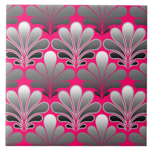 Art Deco-Muschel-Muster, grau und fuchsia-rosa Fliese