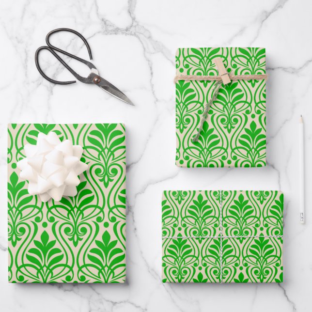 Art-Deco-Muster 01 - Dunkles Lime Green auf Off-Wh Geschenkpapier Set (Vorderseite)
