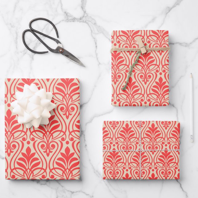 Art Deco Muster 01 - Hellrot auf Off-White Geschenkpapier Set (Vorderseite)