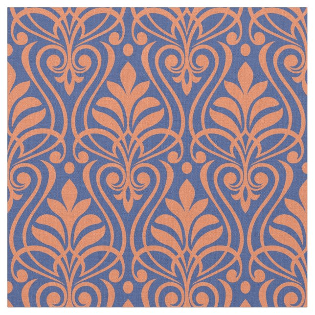 Art Deco Muster 01 - Orange auf Preußen Blau Stoff (Nahaufnahme)