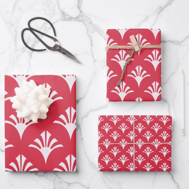 Art Deco Muster 02 - Weiß auf Paradies Rosa Geschenkpapier Set (Vorderseite)