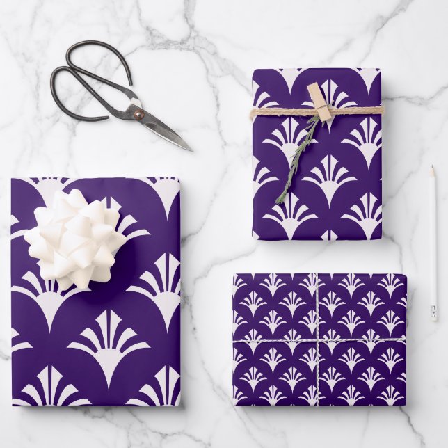 Art Deco Muster 02 - White on Cadbury Lila Geschenkpapier Set (Vorderseite)