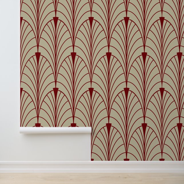 Art Deco Muster 04 - Mitternachtsrot auf Off-White Tapete (Anwendung)