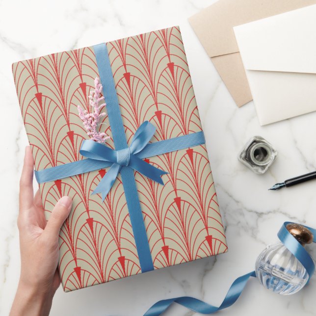 Art Deco Muster 04 - Persisches Rot auf Off-White Geschenkpapier (Schenken)