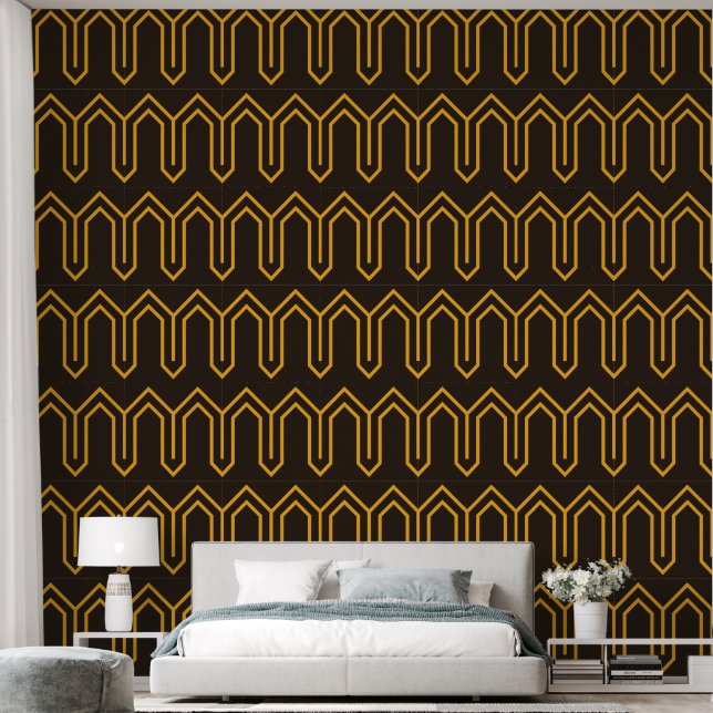 Art Deco Muster 05 - Vivid Gamboge auf Deko Black Tapete (Schlafzimmer)
