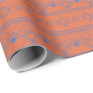 Art Deco Muster 08 - Preußen Blau auf Orange Geschenkpapier