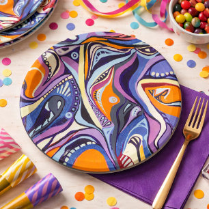 Art-Deco-Muster - blau und orange Pappteller