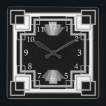 Art-Deco-Muster der 1920er Jahre, grau und schwarz Quadratische Wanduhr<br><div class="desc">Vintager Glamour stilisierte die Themenuhr der 20er Jahre. Das geometrische Quadrat ist grau und schwarz und hat ein gewagtes maskulinarisches Ambiente. Fügen Sie Ihrem Zuhause-Büro oder jedem Zimmer etwas Eleganz und Klasse hinzu.</div>