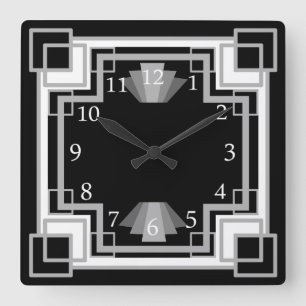 Art-Deco-Muster der 1920er Jahre, grau und schwarz Quadratische Wanduhr