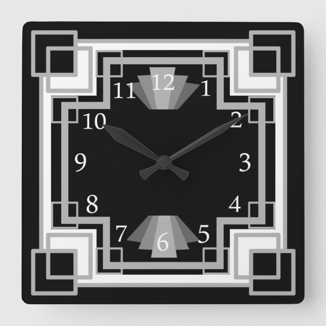 Art-Deco-Muster der 1920er Jahre, grau und schwarz Quadratische Wanduhr (Vorderseite)