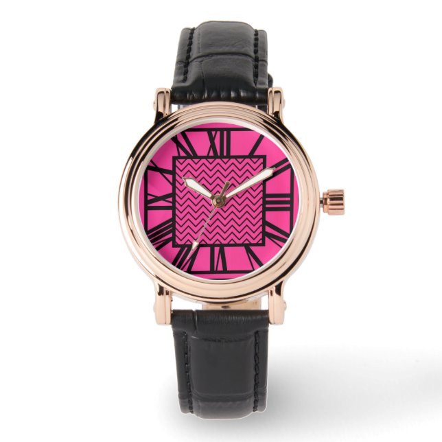 Art Deco Muster, fuchsienrosa Armbanduhr (Vorderseite)