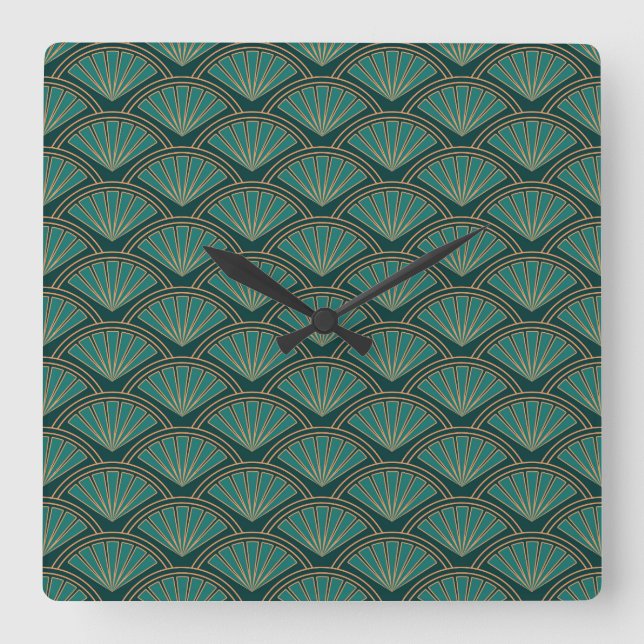 Art-Déco-Muster in aquamariner grüner Farbe Quadratische Wanduhr (Vorderseite)