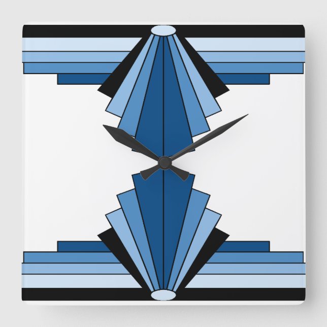 Art Deco Muster in Blues und Schwarz Quadratische Wanduhr (Vorderseite)