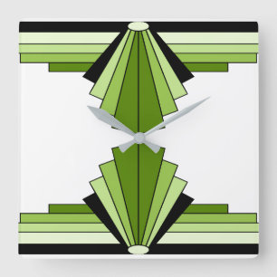 Art Deco-Muster in Grün und Schwarz Quadratische Wanduhr