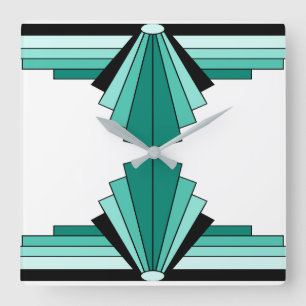 Art Deco-Muster in Grün und Schwarz Quadratische Wanduhr