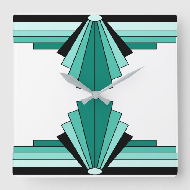 Art Deco Muster in Grüntönen und Schwarz Quadratische Wanduhr (Vorderseite)