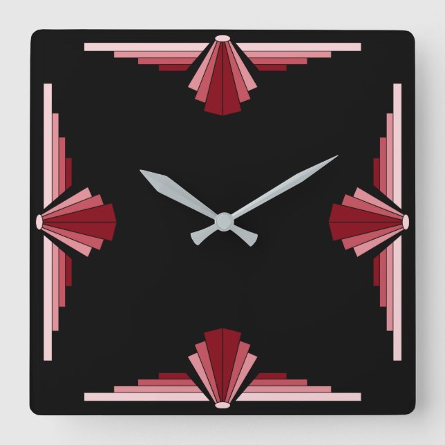 Art Deco Muster in Rot Quadratische Wanduhr (Vorderseite)
