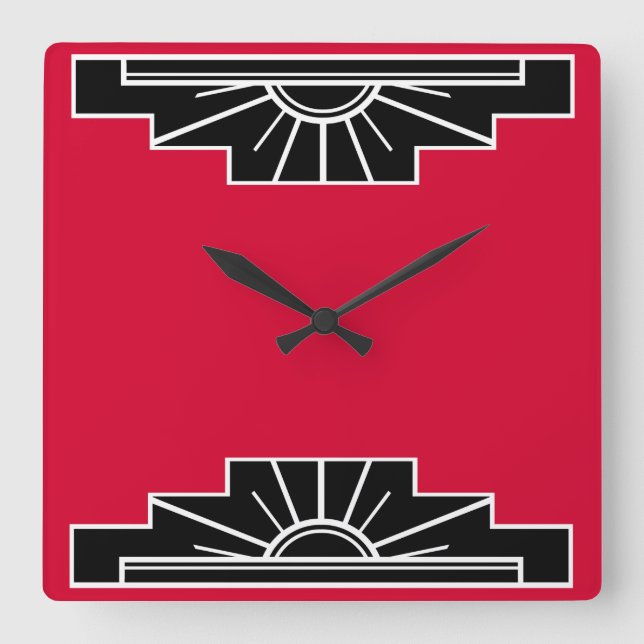 Art Deco Muster in Rot Quadratische Wanduhr (Vorderseite)