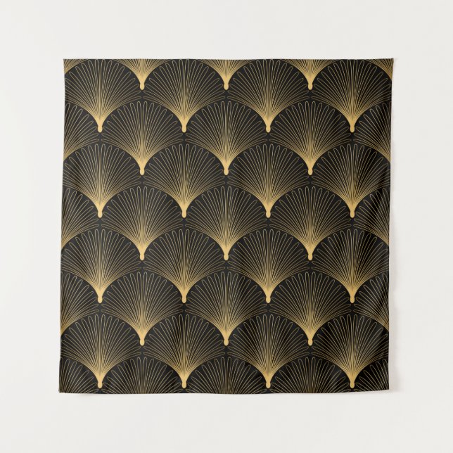 Art Deco Muster. Nahtlose schwarze und goldene Bac Wandteppich (Vorderseite)