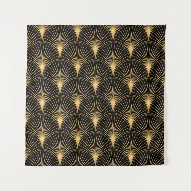 Art Deco Muster. Nahtlose schwarze und goldene Bac Wandteppich (Vorderseite)