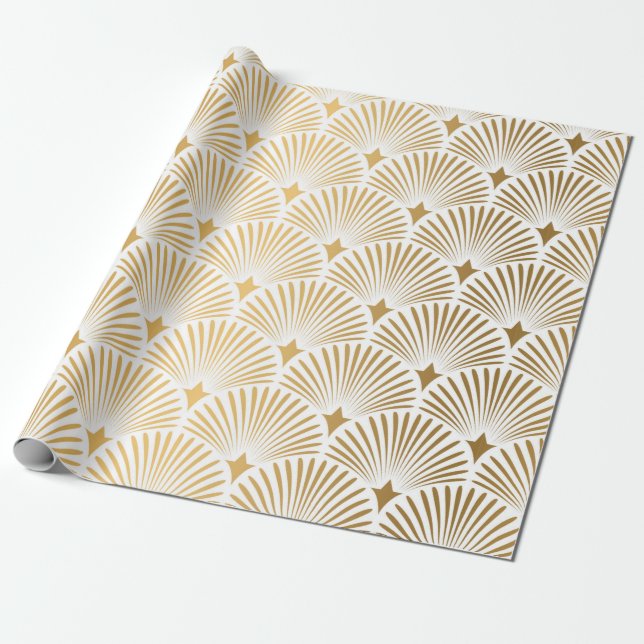 Art Deco Muster. Nahtloser weißer und goldener Hin Geschenkpapier (Ungerollt)