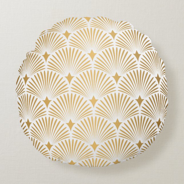 Art Deco Muster. Nahtloser weißer und goldener Hin Rundes Kissen (Vorderseite)