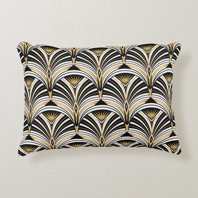 Art-Deco-Muster. Vintages Gold Schwarz-weiß Dekokissen (Vorderseite)