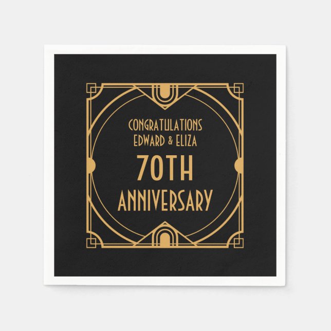 Art Deco Name 70th Wedding Anniversary Gold Black Serviette (Vorderseite)