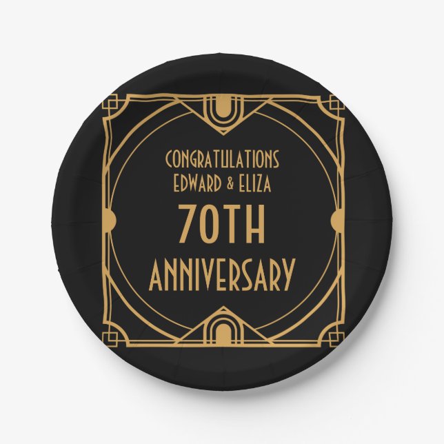 Art Deco Namen 70. Hochzeit Anniversary Black Pappteller (Vorderseite)