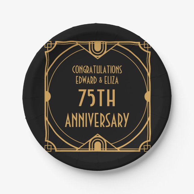 Art Deco Namen 75. Hochzeit Anniversary Black Pappteller (Vorderseite)