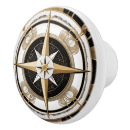 Art Deco Nautic Compass Rose Schwarz-weiß Gold Keramikknauf