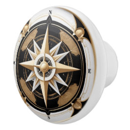 Art Deco Nautic Compass Rose Schwarz-weiß Gold Keramikknauf