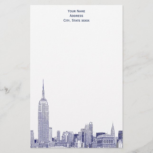Art Deco Navy Blue NYC Skyline Etch 01 Stationery Briefpapier (Vorderseite)