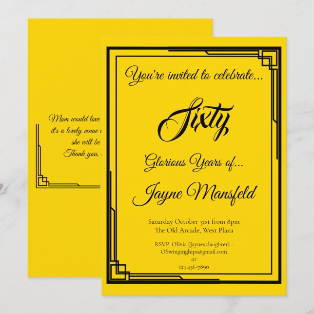 Art Déco Noir sur Gold Anniversaire Invitation (Devant / Derrière)