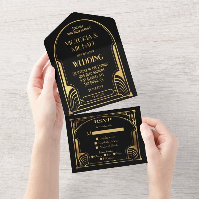 Art Deco Nouveau Hochzeit All In One Einladung (Abreißen)