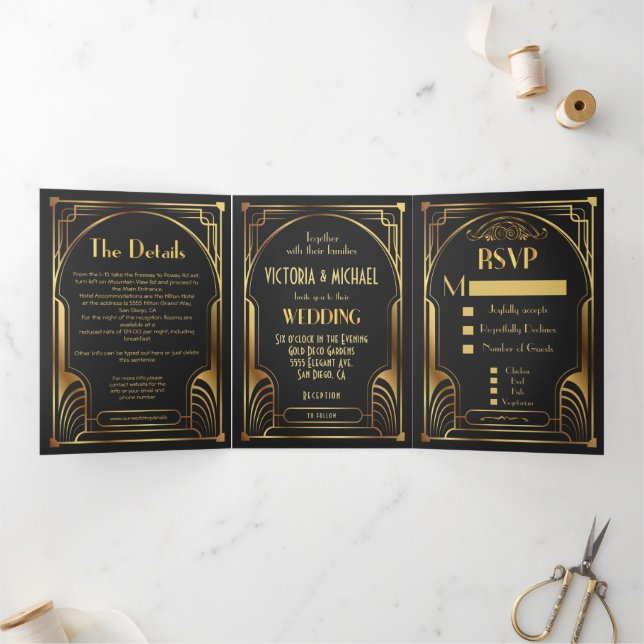 Art Deco Nouveau Hochzeit Dreifach Gefaltete Einladung (Innenseite)